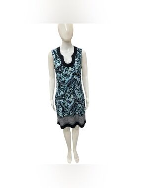 Simon Chang Black and Blue Leaf Print Sleeveless Dress Size M